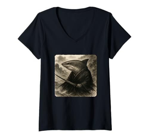 Damen Samurai-Kimono mit Haifisch-Krieger, Katana, Zen Sumi-E, Vintage-Stil T-Shirt mit V-Ausschnitt Damen Samurai-Kimono mit Haifisch-Krieger, Katana, Zen Sumi-E, Vintage-Stil T-Shirt mit V-Ausschnitt von Japanese Guardian Ninja Swordsmanship Traditional