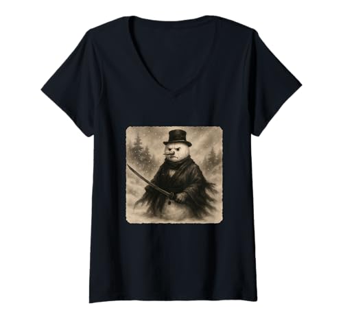 Damen Schneemann Samurai Krieger Katana Kimono Zen Sumi-E Vintage T-Shirt mit V-Ausschnitt Damen Schneemann Samurai Krieger Katana Kimono Zen Sumi-E Vintage T-Shirt mit V-Ausschnitt von Japanese Guardian Ninja Swordsmanship Traditional