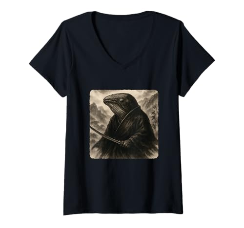 Damen Wal Samurai Warrior Katana Kimono Zen Sumi-E Vintage T-Shirt mit V-Ausschnitt Damen Wal Samurai Warrior Katana Kimono Zen Sumi-E Vintage T-Shirt mit V-Ausschnitt von Japanese Guardian Ninja Swordsmanship Traditional