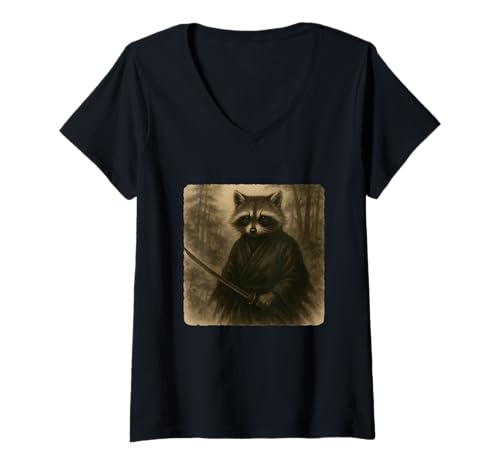 Damen Waschbär Samurai Krieger Katana Kimono Zen Sumi-E Vintage T-Shirt mit V-Ausschnitt Damen Waschbär Samurai Krieger Katana Kimono Zen Sumi-E Vintage T-Shirt mit V-Ausschnitt von Japanese Guardian Ninja Swordsmanship Traditional