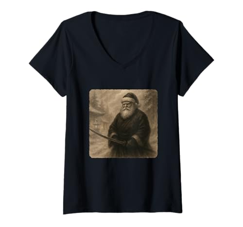 Damen Weihnachtsmann Samurai-Krieger Katana Kimono Zen Sumi-E Vintage T-Shirt mit V-Ausschnitt Damen Weihnachtsmann Samurai-Krieger Katana Kimono Zen Sumi-E Vintage T-Shirt mit V-Ausschnitt von Japanese Guardian Ninja Swordsmanship Traditional
