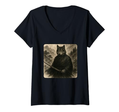 Damen Wolf Samurai Warrior Katana Kimono Zen Sumi-E Vintage T-Shirt mit V-Ausschnitt Damen Wolf Samurai Warrior Katana Kimono Zen Sumi-E Vintage T-Shirt mit V-Ausschnitt von Japanese Guardian Ninja Swordsmanship Traditional