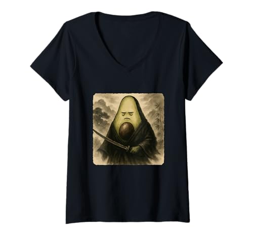 Damen Zen Sumi-E Vintage-Kimono mit Avocado-Samurai-Krieger, Katana T-Shirt mit V-Ausschnitt Damen Zen Sumi-E Vintage-Kimono mit Avocado-Samurai-Krieger, Katana T-Shirt mit V-Ausschnitt von Japanese Guardian Ninja Swordsmanship Traditional