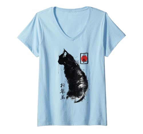 Damen Japanese Ink Japan Lover Anime Manga Black Cat Ink Japan Cat T-Shirt mit V-Ausschnitt Damen Japanese Ink Japan Lover Anime Manga Black Cat Ink Japan Cat T-Shirt mit V-Ausschnitt von Japanese Ink Japan Lover Anime Manga Black Cat Tee