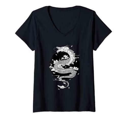 Damen Japanische Japanische Drachen Kreatur Blumenmonster T-Shirt mit V-Ausschnitt Damen Japanische Japanische Drachen Kreatur Blumenmonster T-Shirt mit V-Ausschnitt von Japanese Japan Dragons Creatures Flower Monsters