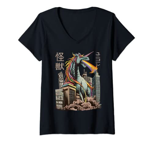 Damen Kaiju Einhorn Japanisches Monster Unicorn Anime Manga T-Shirt mit V-Ausschnitt von Japanese Kaiju Clothes Japanische Otaku Kleidung