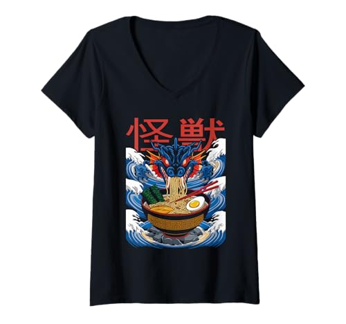 Damen Kaiju Monster Kanagawa Japan ist Ramen Nudeln Drachen Anime T-Shirt mit V-Ausschnitt von Japanese Kaiju Clothes Japanische Otaku Kleidung
