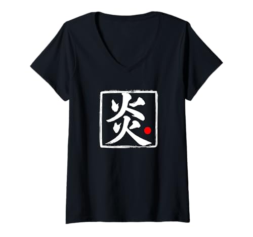 Damen Japanische Pinselschrift "Flame" T-Shirt mit V-Ausschnitt von Japanese Kanji Script Word Art (Flame)