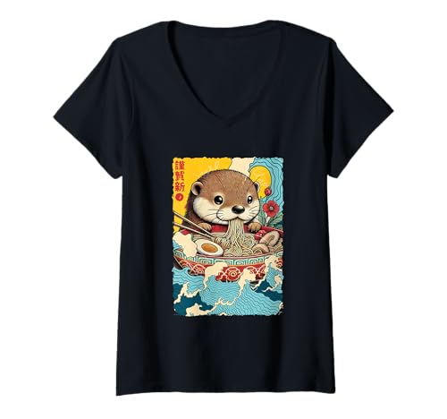 Damen Kawaii Otter Eating Ramen Nudeln Japanische Kunst Manga Anime T-Shirt mit V-Ausschnitt Damen Kawaii Otter Eating Ramen Nudeln Japanische Kunst Manga Anime T-Shirt mit V-Ausschnitt von Japanese Kawaii Anime Otter Lover Ramen Noodles