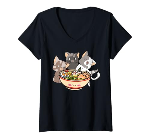 Damen Katze und Ramen Katzen essen Ramen T-Shirt mit V-Ausschnitt Damen Katze und Ramen Katzen essen Ramen T-Shirt mit V-Ausschnitt von Japanese Kawaii Anime Ramen Cat Lover