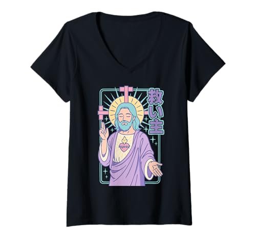 Damen Christian Manga Retter Jesus Heiliges Herz Anime Pastell Kunst T-Shirt mit V-Ausschnitt Damen Christian Manga Retter Jesus Heiliges Herz Anime Pastell Kunst T-Shirt mit V-Ausschnitt von Japanese Kawaii Christian Anime Jesus Savior