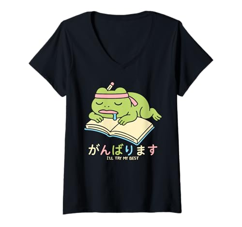 Damen Kawaii Stuying Frog Japanischer Manga Harajuku T-Shirt mit V-Ausschnitt von Japanese Kawaii Frog School Aesthetic Streetwear