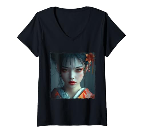 Damen Japanische Gaisha Gamer Style Japan Future Cyperpunk T-Shirt mit V-Ausschnitt von Japanese Kawaii Manga Anime Designs