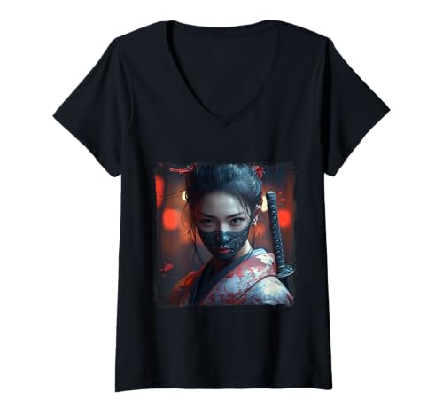 Damen Japanische Gaisha Samurai Gamer Style Japan Future Cyperpunk T-Shirt mit V-Ausschnitt Damen Japanische Gaisha Samurai Gamer Style Japan Future Cyperpunk T-Shirt mit V-Ausschnitt von Japanese Kawaii Manga Anime Designs