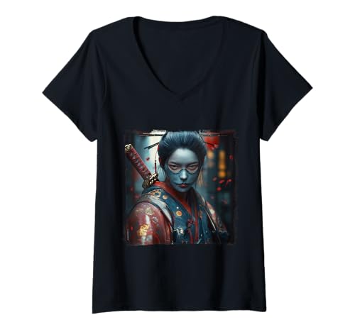 Damen Japanische Gaisha Samurai Gamer Style Japan Future Cyperpunk T-Shirt mit V-Ausschnitt Damen Japanische Gaisha Samurai Gamer Style Japan Future Cyperpunk T-Shirt mit V-Ausschnitt von Japanese Kawaii Manga Anime Designs