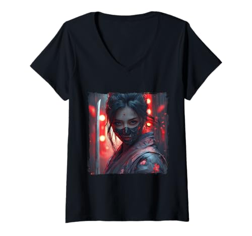 Damen Japanische Gaisha Samurai Gamer Style Japan Future Cyperpunk T-Shirt mit V-Ausschnitt Damen Japanische Gaisha Samurai Gamer Style Japan Future Cyperpunk T-Shirt mit V-Ausschnitt von Japanese Kawaii Manga Anime Designs