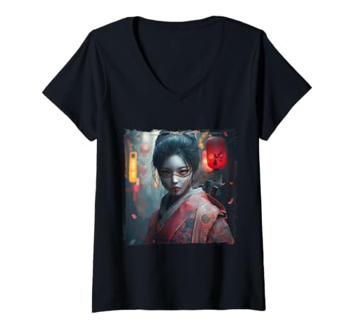 Damen Japanische Gaisha Samurai Gamer Style Japan Future Cyperpunk T-Shirt mit V-Ausschnitt Damen Japanische Gaisha Samurai Gamer Style Japan Future Cyperpunk T-Shirt mit V-Ausschnitt von Japanese Kawaii Manga Anime Designs