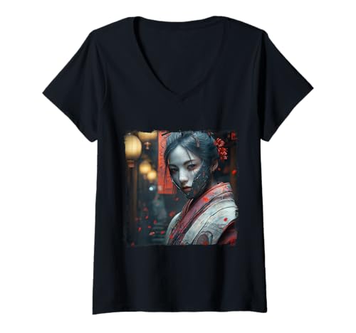 Damen Japanische Gaisha Samurai Gamer Style Japan Future Cyperpunk T-Shirt mit V-Ausschnitt Damen Japanische Gaisha Samurai Gamer Style Japan Future Cyperpunk T-Shirt mit V-Ausschnitt von Japanese Kawaii Manga Anime Designs