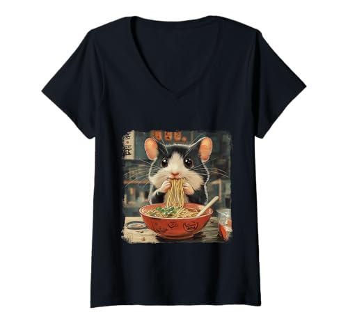 Damen Japanische Hamster Ramen Nudel Anime Manga Kawaii Sweet T-Shirt mit V-Ausschnitt von Japanese Kawaii Manga Anime Designs