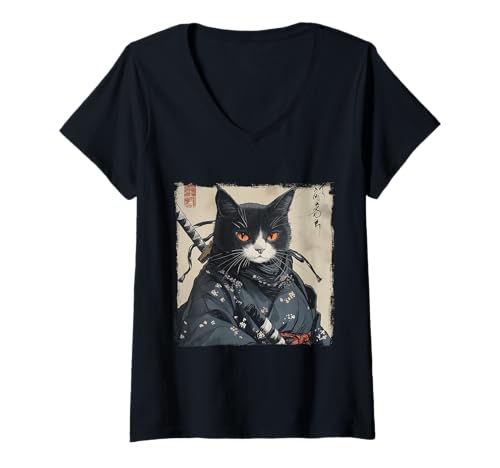Damen Japanische Samurai Katze Ukiyo-e Warrior Art Japan Vintage T-Shirt mit V-Ausschnitt Damen Japanische Samurai Katze Ukiyo-e Warrior Art Japan Vintage T-Shirt mit V-Ausschnitt von Japanese Kawaii Manga Anime Designs