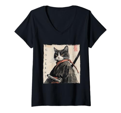 Damen Japanische Samurai Katze Ukiyo-e Warrior Art Japan Vintage T-Shirt mit V-Ausschnitt Damen Japanische Samurai Katze Ukiyo-e Warrior Art Japan Vintage T-Shirt mit V-Ausschnitt von Japanese Kawaii Manga Anime Designs