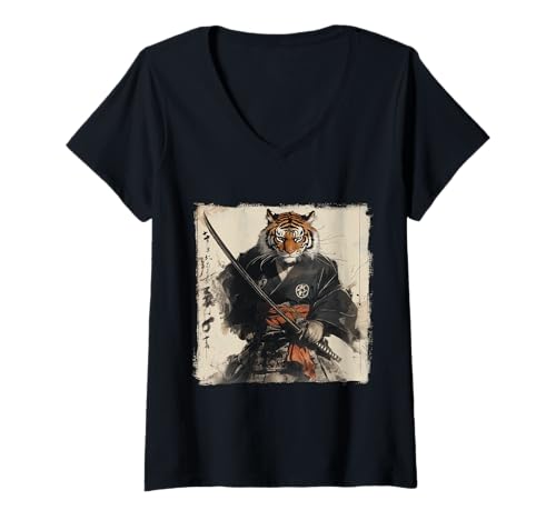 Damen Japanische Samurai Tiger Ukiyo-e Warrior Art Japan Vintage T-Shirt mit V-Ausschnitt Damen Japanische Samurai Tiger Ukiyo-e Warrior Art Japan Vintage T-Shirt mit V-Ausschnitt von Japanese Kawaii Manga Anime Designs