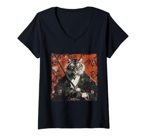 Damen Japanische Samurai Tiger Ukiyo-e Warrior Art Japan Vintage T-Shirt mit V-Ausschnitt Damen Japanische Samurai Tiger Ukiyo-e Warrior Art Japan Vintage T-Shirt mit V-Ausschnitt von Japanese Kawaii Manga Anime Designs