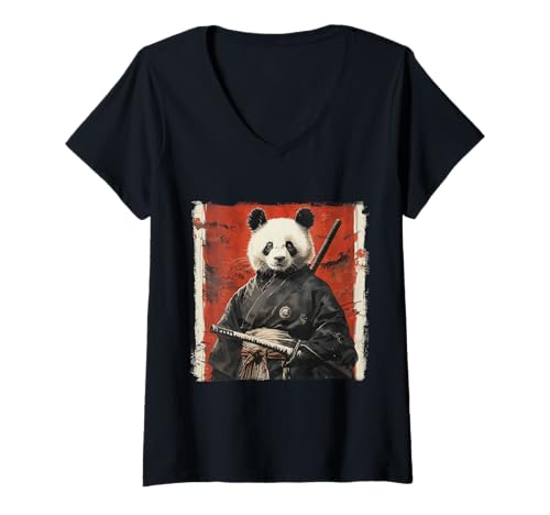 Damen Japanischer Samurai Panda Ukiyo-e Warrior Art Japan Vintage T-Shirt mit V-Ausschnitt Damen Japanischer Samurai Panda Ukiyo-e Warrior Art Japan Vintage T-Shirt mit V-Ausschnitt von Japanese Kawaii Manga Anime Designs