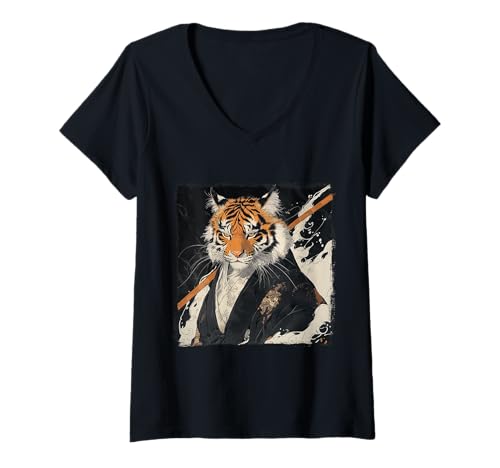 Damen Japanischer Samurai Tiger Ukiyo-e Warrior Art Japan Vintage T-Shirt mit V-Ausschnitt Damen Japanischer Samurai Tiger Ukiyo-e Warrior Art Japan Vintage T-Shirt mit V-Ausschnitt von Japanese Kawaii Manga Anime Designs