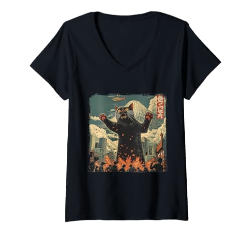 Damen Vintage Japanische Katze Kaiju Monster Art Japan Retro Style T-Shirt mit V-Ausschnitt Damen Vintage Japanische Katze Kaiju Monster Art Japan Retro Style T-Shirt mit V-Ausschnitt von Japanese Kawaii Manga Anime Designs