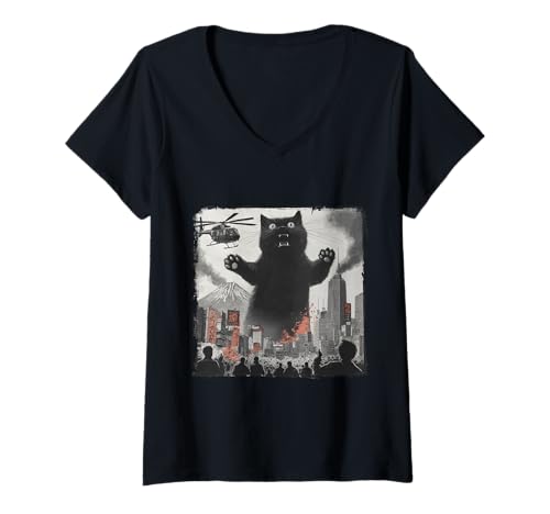 Damen Vintage Japanische Katze Kaiju Monster Art Japan Retro Style T-Shirt mit V-Ausschnitt Damen Vintage Japanische Katze Kaiju Monster Art Japan Retro Style T-Shirt mit V-Ausschnitt von Japanese Kawaii Manga Anime Designs
