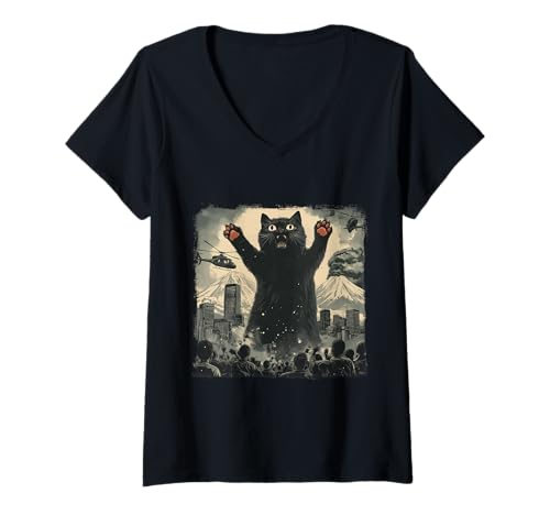 Damen Vintage Japanische Katze Kaiju Monster Art Japan Retro Style T-Shirt mit V-Ausschnitt Damen Vintage Japanische Katze Kaiju Monster Art Japan Retro Style T-Shirt mit V-Ausschnitt von Japanese Kawaii Manga Anime Designs