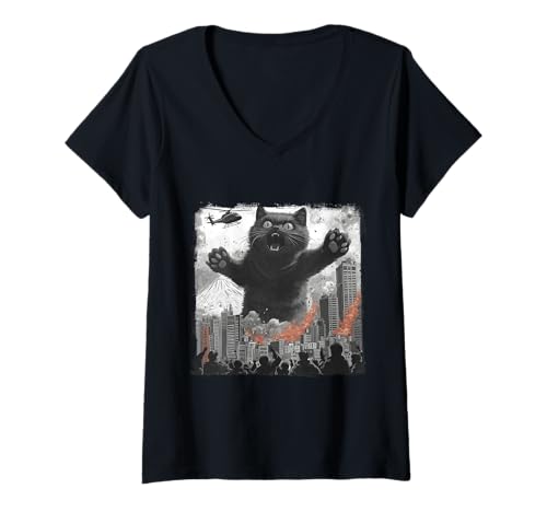Damen Vintage Japanische Katze Kaiju Monster Art Japan Retro Style T-Shirt mit V-Ausschnitt von Japanese Kawaii Manga Anime Designs