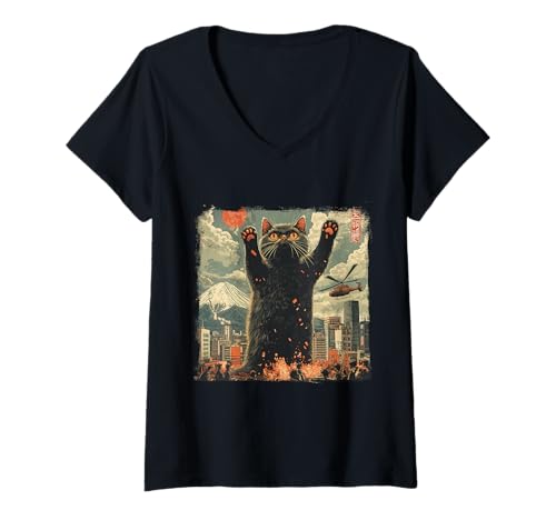 Damen Vintage Japanische Katze Kaiju Monster Art Japan Retro Style T-Shirt mit V-Ausschnitt Damen Vintage Japanische Katze Kaiju Monster Art Japan Retro Style T-Shirt mit V-Ausschnitt von Japanese Kawaii Manga Anime Designs