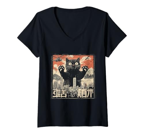 Damen Vintage Japanische Katze Kaiju Monster Art Japan Retro Style T-Shirt mit V-Ausschnitt Damen Vintage Japanische Katze Kaiju Monster Art Japan Retro Style T-Shirt mit V-Ausschnitt von Japanese Kawaii Manga Anime Designs