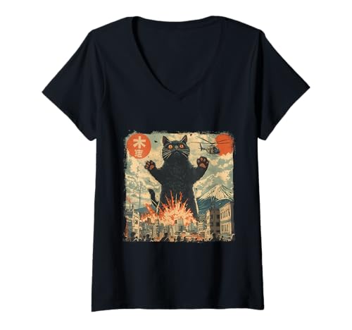 Damen Vintage Japanische Katze Kaiju Monster Art Japan Retro Style T-Shirt mit V-Ausschnitt Damen Vintage Japanische Katze Kaiju Monster Art Japan Retro Style T-Shirt mit V-Ausschnitt von Japanese Kawaii Manga Anime Designs