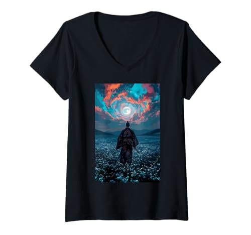 Damen Samurai-Krieger mit Blick auf ruhige Mondlichtfelddämmerung T-Shirt mit V-Ausschnitt von Japanese Kimono Figure Staring At Calm Night