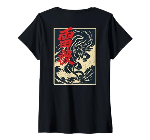 Damen Japanische Raij Donnerbestie Yokai Storm Spirit Art Back T-Shirt mit V-Ausschnitt von Japanese Kitsune Spirit Apparel