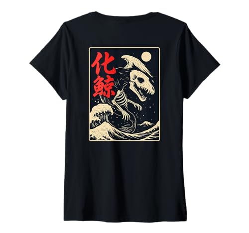 Damen Japanischer Bakekujira Geisterwal Yokai Skelett Kunst zurück T-Shirt mit V-Ausschnitt von Japanese Kitsune Spirit Apparel
