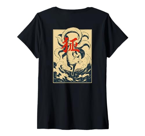 Damen Japanischer Kitsune Fuchs Yokai Spirit Wave Art Back T-Shirt mit V-Ausschnitt von Japanese Kitsune Spirit Apparel