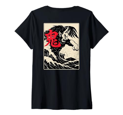 Damen Japanischer Oni Demon Yokai Mythical Wave Spirit Art Back T-Shirt mit V-Ausschnitt Damen Japanischer Oni Demon Yokai Mythical Wave Spirit Art Back T-Shirt mit V-Ausschnitt von Japanese Kitsune Spirit Apparel