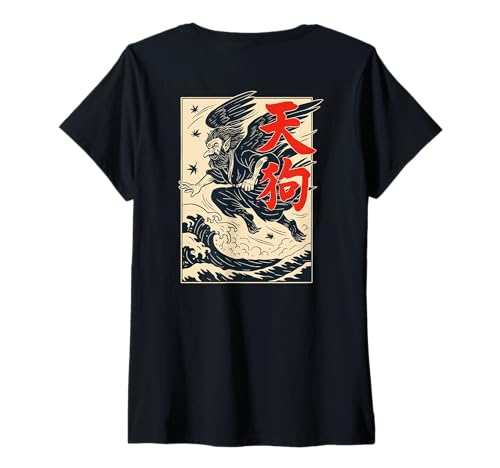 Damen Japanischer Tengu Yokai Krieger Mythischer Geist Kunst zurück T-Shirt mit V-Ausschnitt von Japanese Kitsune Spirit Apparel