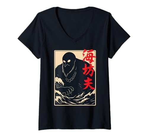 Damen Japanischer Umibozu-Mönch Yokai Ocean T-Shirt mit V-Ausschnitt von Japanese Kitsune Spirit Apparel