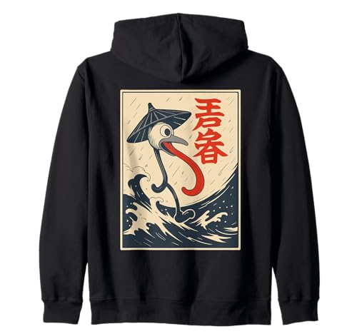 Japanischer Amanojaku Trickster Yokai Regenschirm Spirit Art Back Kapuzenjacke von Japanese Kitsune Spirit Apparel