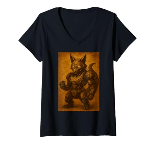 Damen Japanische Cyber Kitsune Anime Ukiyo-e Samurai Woodblock Art T-Shirt mit V-Ausschnitt von Japanese Kitsune Warrior Fighter Japan Mythology