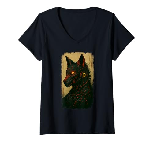 Damen Japanische Cyber Kitsune Anime Ukiyo-e Samurai Woodblock Art T-Shirt mit V-Ausschnitt Damen Japanische Cyber Kitsune Anime Ukiyo-e Samurai Woodblock Art T-Shirt mit V-Ausschnitt von Japanese Kitsune Warrior Fighter Japan Mythology