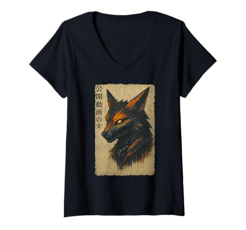 Damen Japanische Cyber Kitsune Anime Ukiyo-e Samurai Woodblock Art T-Shirt mit V-Ausschnitt Damen Japanische Cyber Kitsune Anime Ukiyo-e Samurai Woodblock Art T-Shirt mit V-Ausschnitt von Japanese Kitsune Warrior Fighter Japan Mythology