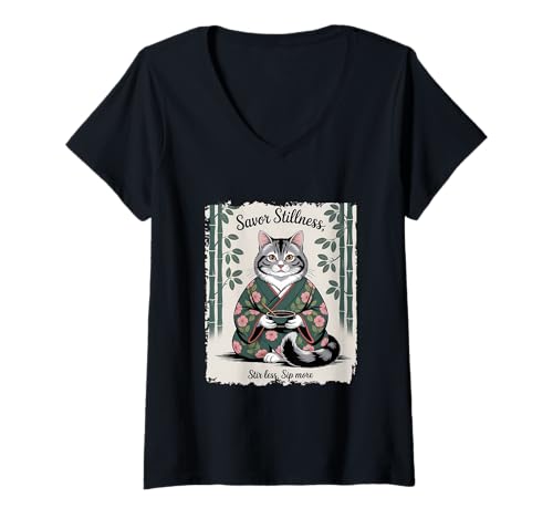 Damen Savor Stillness Katze meditiert im Kimono T-Shirt mit V-Ausschnitt Damen Savor Stillness Katze meditiert im Kimono T-Shirt mit V-Ausschnitt von Japanese Kitty Designs