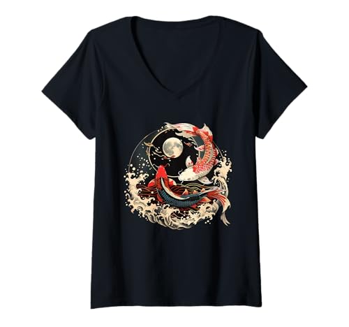 Damen Koi Fisch Yin Yang Japanischer Koi Karpfenfisch Nishikigoi Fisch T-Shirt mit V-Ausschnitt von Japanese Koi Carp Fish Asian Nishikigoi