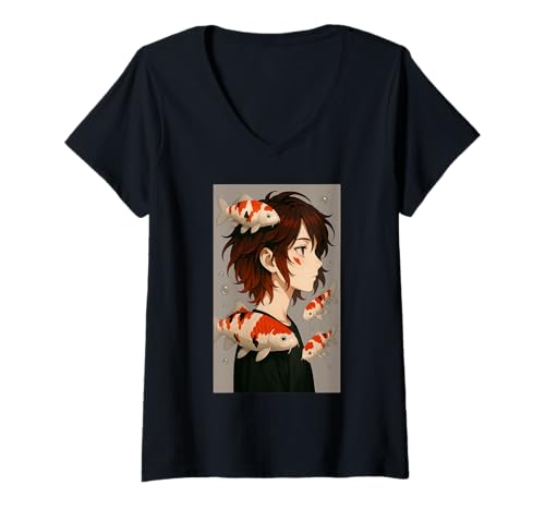 Damen Japanischer ästhetischer Otaku Koi Fish Streetwear-Anime-Manga T-Shirt mit V-Ausschnitt von Japanese Koi Fish Anime Culture Mythology Egirl